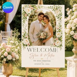 Wedding Welcome Sign with Photo, Floral Garden Wedding Poster, Romantic Greenery Entrance Sign, Editable Canva Template
