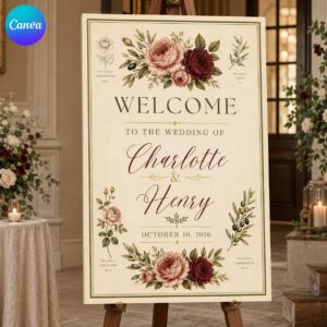 Vintage Wedding Welcome Sign, Botanical Rose Floral Poster, Burgundy Blush Garden Wedding Entrance, Editable Canva Template