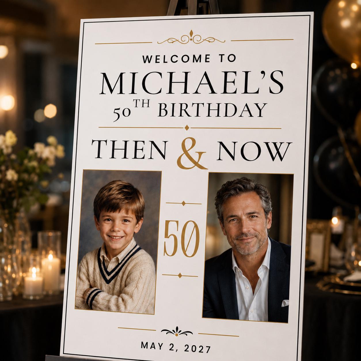 50th Birthday Welcome Sign with Photos, Then and Now Milestone Poster for Him, Editable Photo Display Canva Template - Image 6
