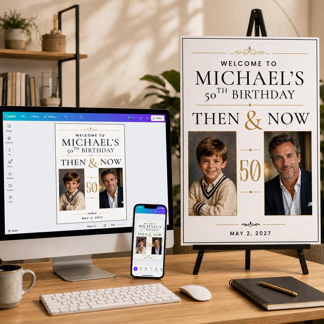 50th Birthday Welcome Sign with Photos, Then and Now Milestone Poster for Him, Editable Photo Display Canva Template - Image 4