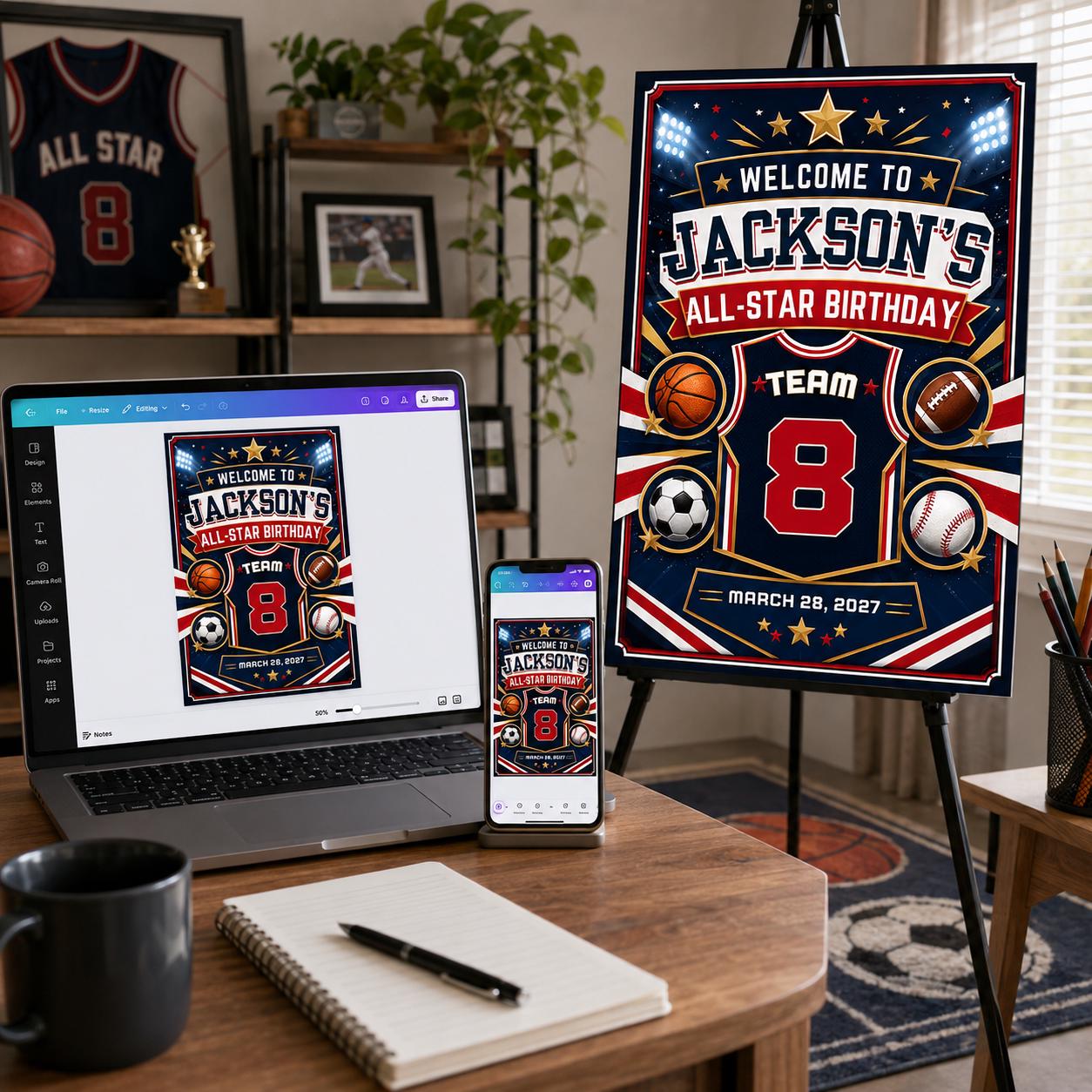 Sports Birthday Welcome Sign, All Star 8th Birthday Party Poster, Basketball Football Baseball Soccer, Editable Canva Template - Image 3