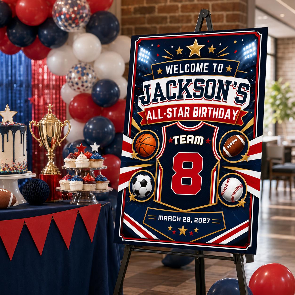 Sports Birthday Welcome Sign, All Star 8th Birthday Party Poster, Basketball Football Baseball Soccer, Editable Canva Template - Image 6