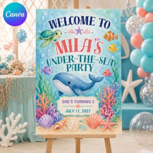 Under the Sea Birthday Welcome Sign, 5th Birthday Girl Whale Turtle Ocean Animals Party Poster, Editable Canva Template