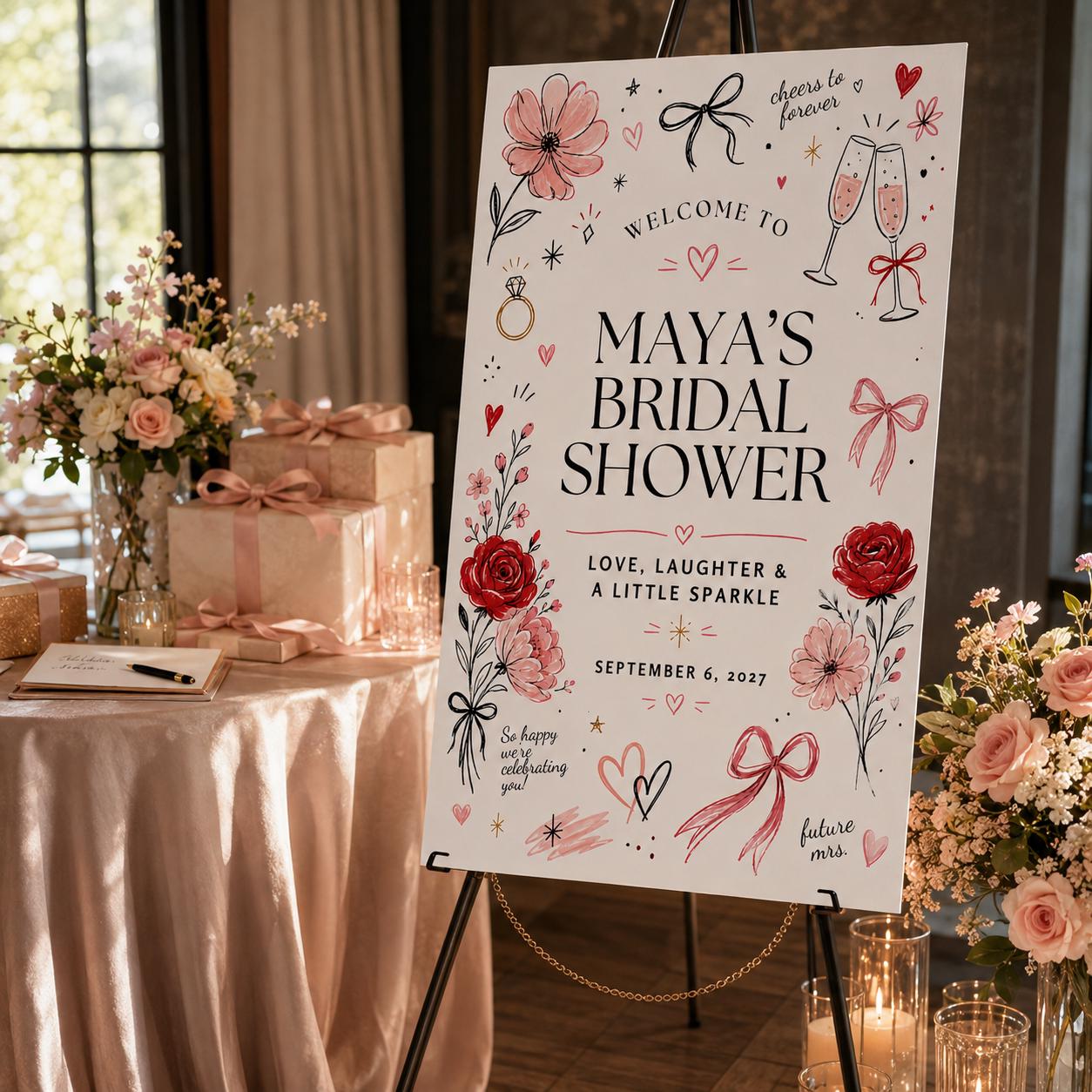 Bridal Shower Welcome Sign, Pink Red Bow Champagne Doodle Poster, Coquette Floral Bride to Be Decor, Editable Canva Template - Image 4