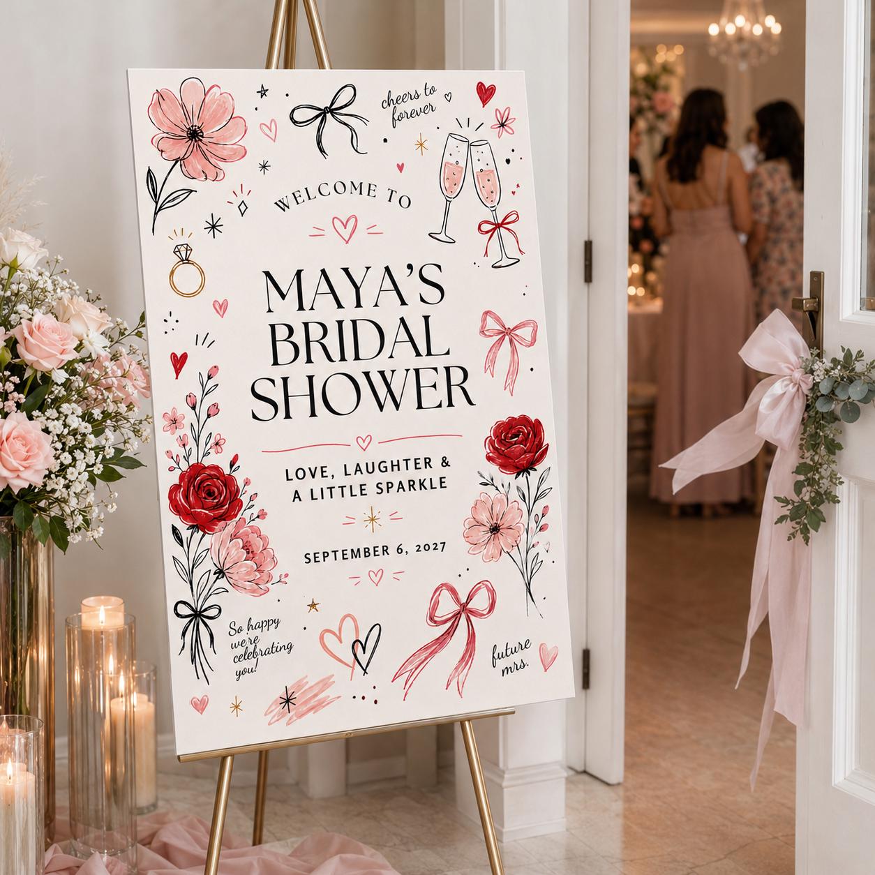 Bridal Shower Welcome Sign, Pink Red Bow Champagne Doodle Poster, Coquette Floral Bride to Be Decor, Editable Canva Template - Image 6