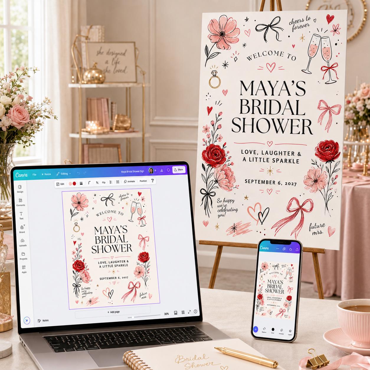 Bridal Shower Welcome Sign, Pink Red Bow Champagne Doodle Poster, Coquette Floral Bride to Be Decor, Editable Canva Template - Image 5