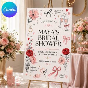 Bridal Shower Welcome Sign, Pink Red Bow Champagne Doodle Poster, Coquette Floral Bride to Be Decor, Editable Canva Template