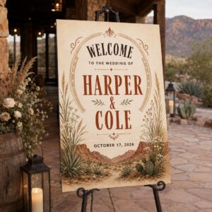 Western Wedding Welcome Sign, Rustic Horseshoe Desert Poster, Southwestern Cowboy Ranch Ceremony Decor, Editable Canva Template