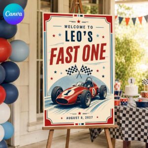 Fast One Birthday Welcome Sign, Vintage Race Car First Birthday Poster, Red Blue Racing Party Decor, Editable Canva Template