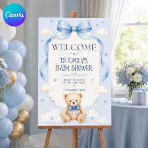 Baby Shower Welcome Sign, Blue Teddy Bear Bow Poster, Baby Boy Cloud and Stars Shower Decor, Editable Canva Template