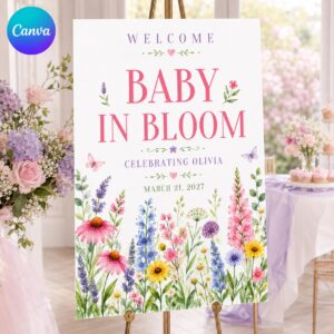 Baby in Bloom Welcome Sign, Wildflower Baby Shower Poster, Pink Floral Butterfly Garden Decor, Editable Canva Template