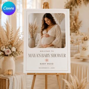 Baby Shower Welcome Sign, Minimalist Photo Poster, Neutral Boho Editable Printable Entrance Sign, Canva Template