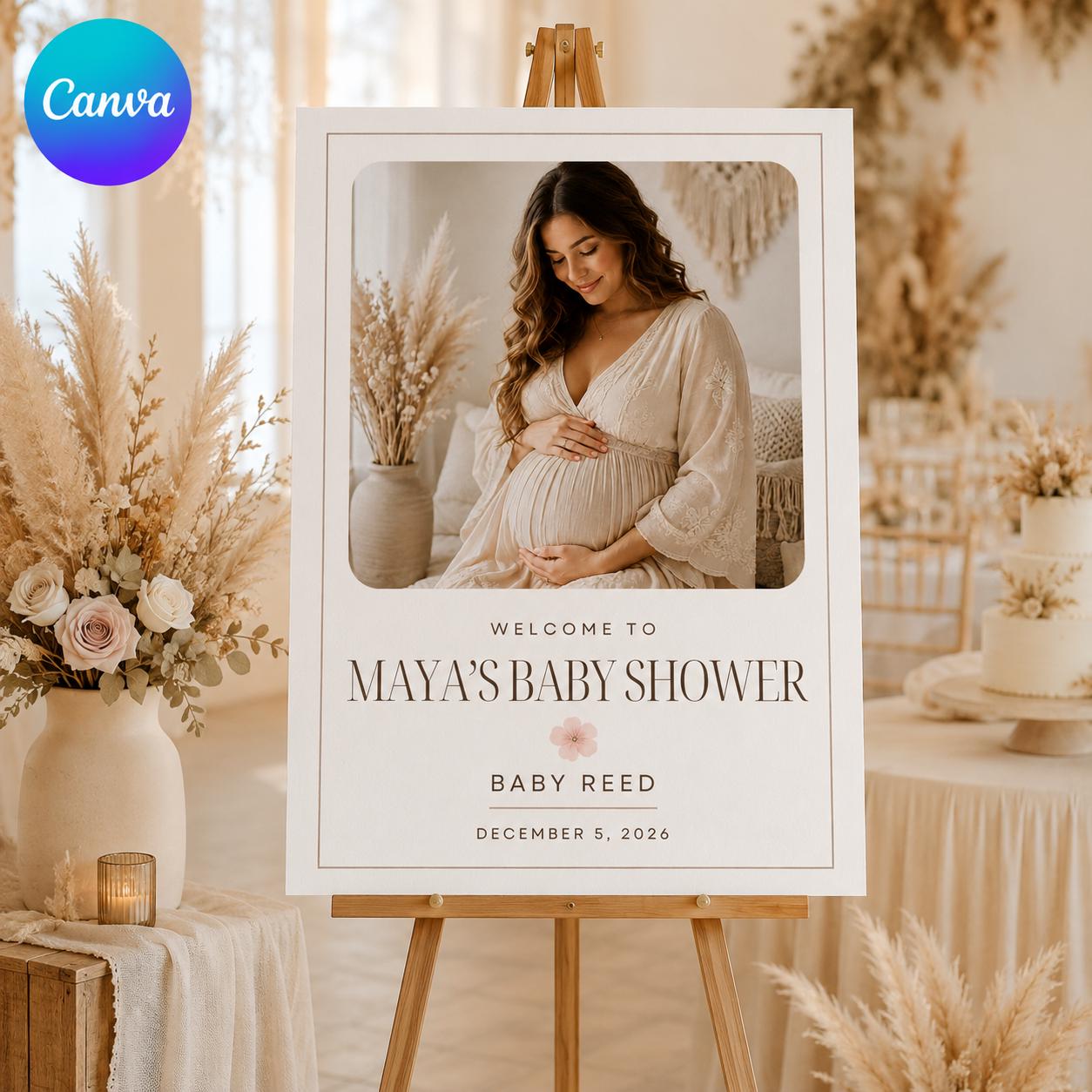 Baby Shower Welcome Sign, Minimalist Photo Poster, Neutral Boho Editable Printable Entrance Sign, Canva Template