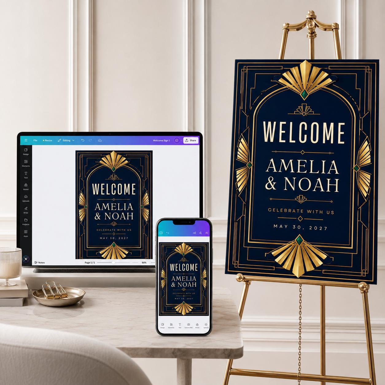 Art Deco Wedding Welcome Sign, Black Gold Gatsby Event Poster, Editable Printable Entrance Sign, Canva Template - Image 4