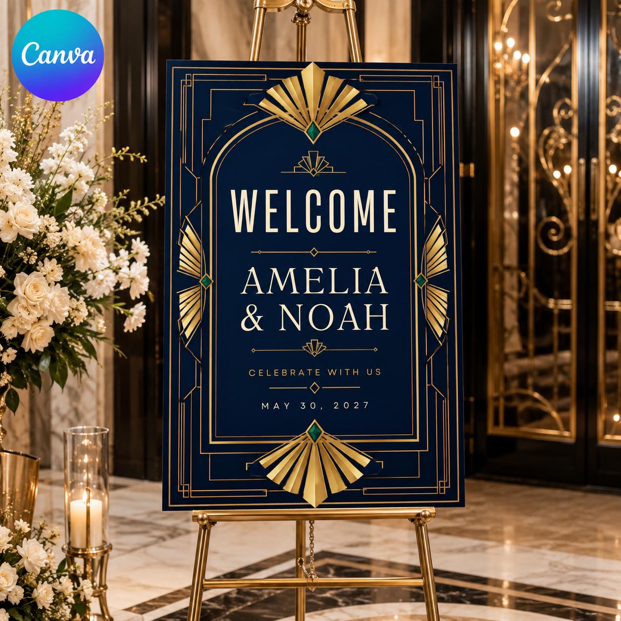 Art Deco Wedding Welcome Sign, Black Gold Gatsby Event Poster, Editable Printable Entrance Sign, Canva Template