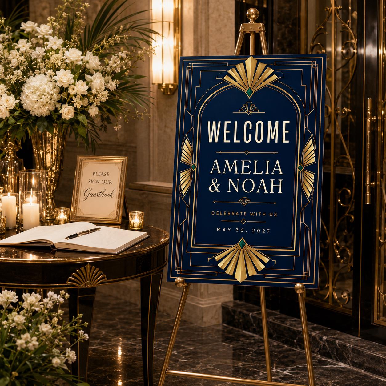 Art Deco Wedding Welcome Sign, Black Gold Gatsby Event Poster, Editable Printable Entrance Sign, Canva Template - Image 3