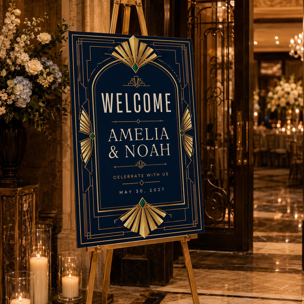 Art Deco Wedding Welcome Sign, Black Gold Gatsby Event Poster, Editable Printable Entrance Sign, Canva Template - Image 5