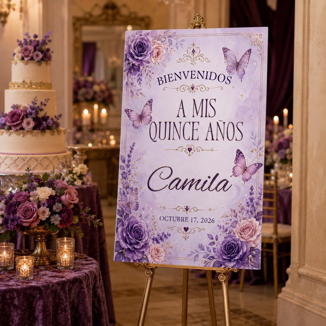 Quinceañera Welcome Sign, Purple Butterfly Floral Mis Quince Años Party Poster, Editable Printable Canva Template - Image 4