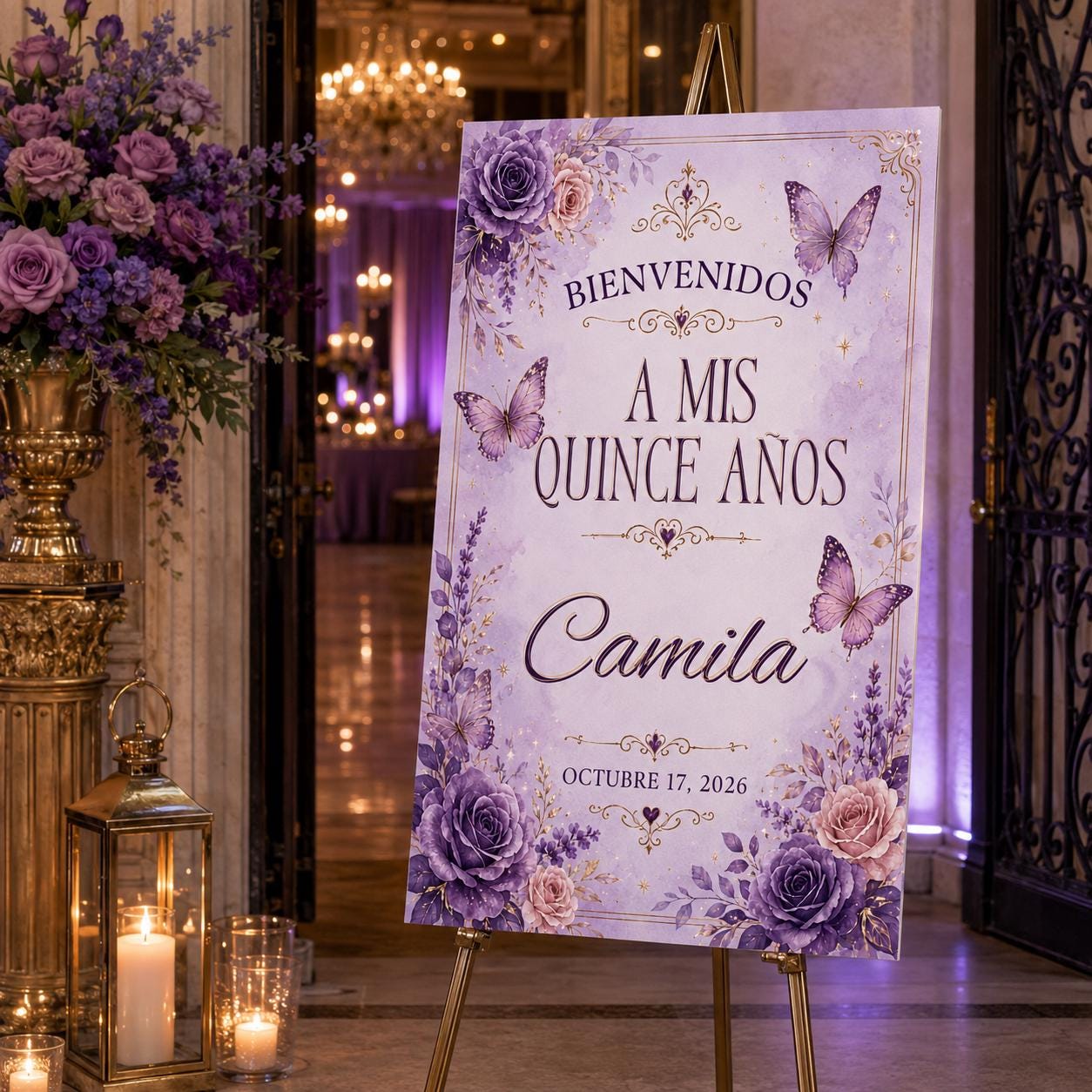 Quinceañera Welcome Sign, Purple Butterfly Floral Mis Quince Años Party Poster, Editable Printable Canva Template - Image 6