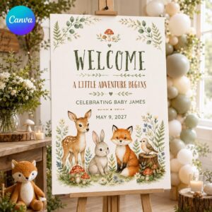 Woodland Baby Shower Welcome Sign, Forest Animals Little Adventure Party Poster, Editable Printable Canva Template