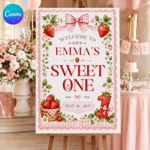 First Birthday Welcome Sign, Sweet One Strawberry Pink Gingham Party Poster, Editable Printable Canva Template