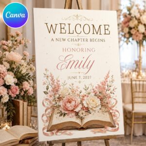 Retirement Welcome Sign, Floral Storybook New Chapter Begins Party Poster, Editable Printable Canva Template