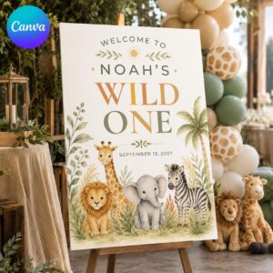 Wild One Birthday Welcome Sign, Safari Jungle Animals First Birthday Party Poster, Editable Printable Canva Template