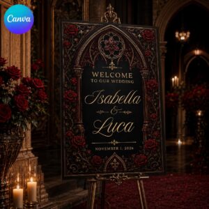 Gothic Wedding Welcome Sign, Dark Red Rose Moody Floral Entrance Poster, Editable Printable Canva Template