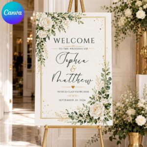 Wedding Welcome Sign, White Rose Greenery Gold Floral Entrance Poster, Elegant Editable Printable Canva Template
