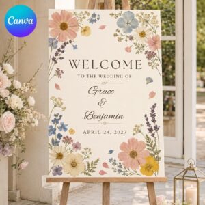 Wildflower Wedding Welcome Sign, Pressed Flower Garden Entrance Poster, Editable Printable Canva Template