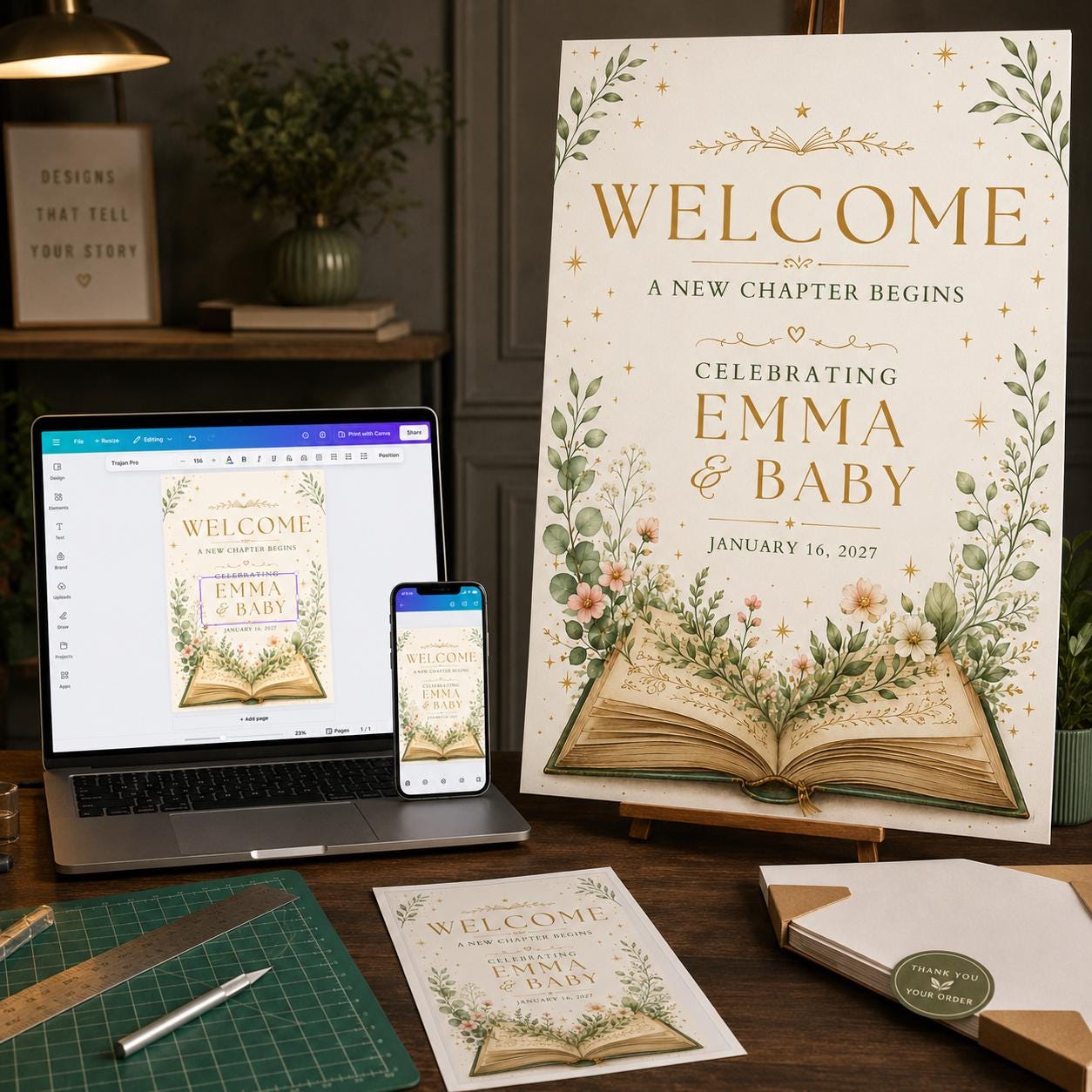 Baby Shower Welcome Sign, A New Chapter Begins Storybook Floral Book Theme Poster, Editable Printable Canva Template - Image 3