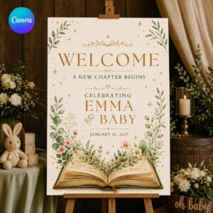 Baby Shower Welcome Sign, A New Chapter Begins Storybook Floral Book Theme Poster, Editable Printable Canva Template