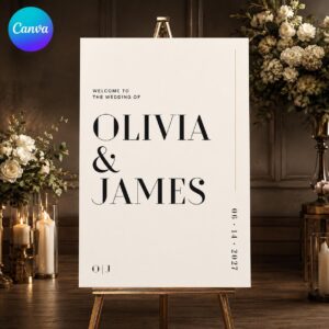 Minimalist Wedding Welcome Sign, Modern Typography Black White Entrance Poster, Editable Printable Canva Template