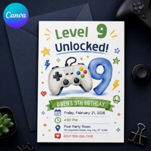 Video Game 9th Birthday Invitation, Level 9 Unlocked Gamer Party Invite, Editable Controller Printable Canva Template