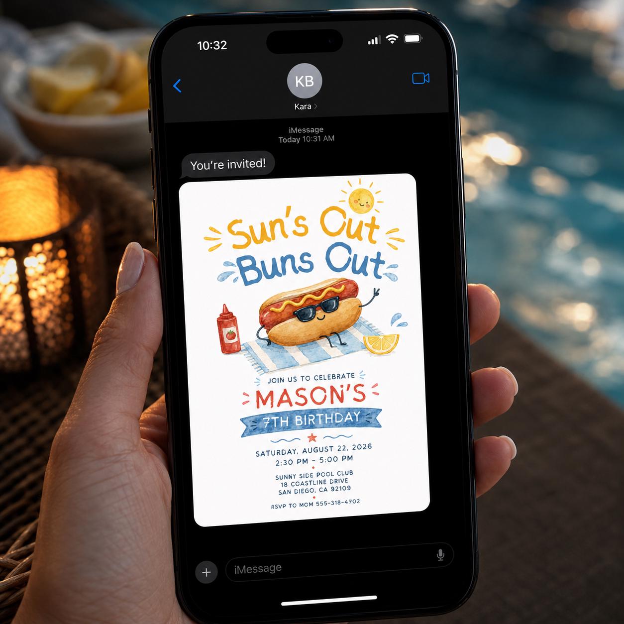 Hot Dog Birthday Invitation, Suns Out Buns Out Pool Party Invite, Summer Cookout BBQ, Editable Printable Canva Template - Image 6