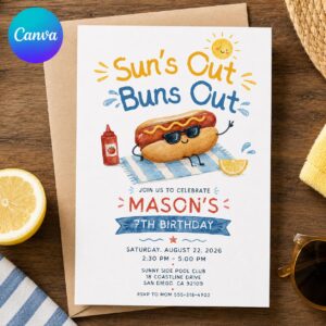 Hot Dog Birthday Invitation, Suns Out Buns Out Pool Party Invite, Summer Cookout BBQ, Editable Printable Canva Template