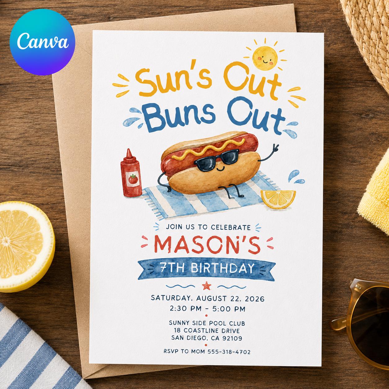 Hot Dog Birthday Invitation, Suns Out Buns Out Pool Party Invite, Summer Cookout BBQ, Editable Printable Canva Template