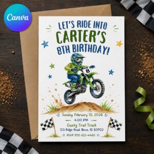 Dirt Bike Birthday Invitation, Motocross Party Invite for Boys, Off Road Printable, Editable Canva Template
