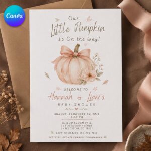 Little Pumpkin Baby Shower Invitation, Fall Gender Neutral Invite, Autumn Printable, Editable Canva Template