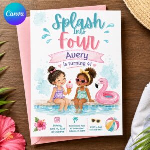 Girl Pool Party Birthday Invitation, Summer Swim Invite, Splash Into Four Printable, Editable Canva Template
