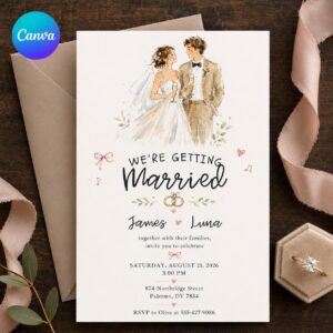 Watercolor Wedding Invitation, Bride and Groom Couple Illustration, Romantic Editable Printable Canva Template