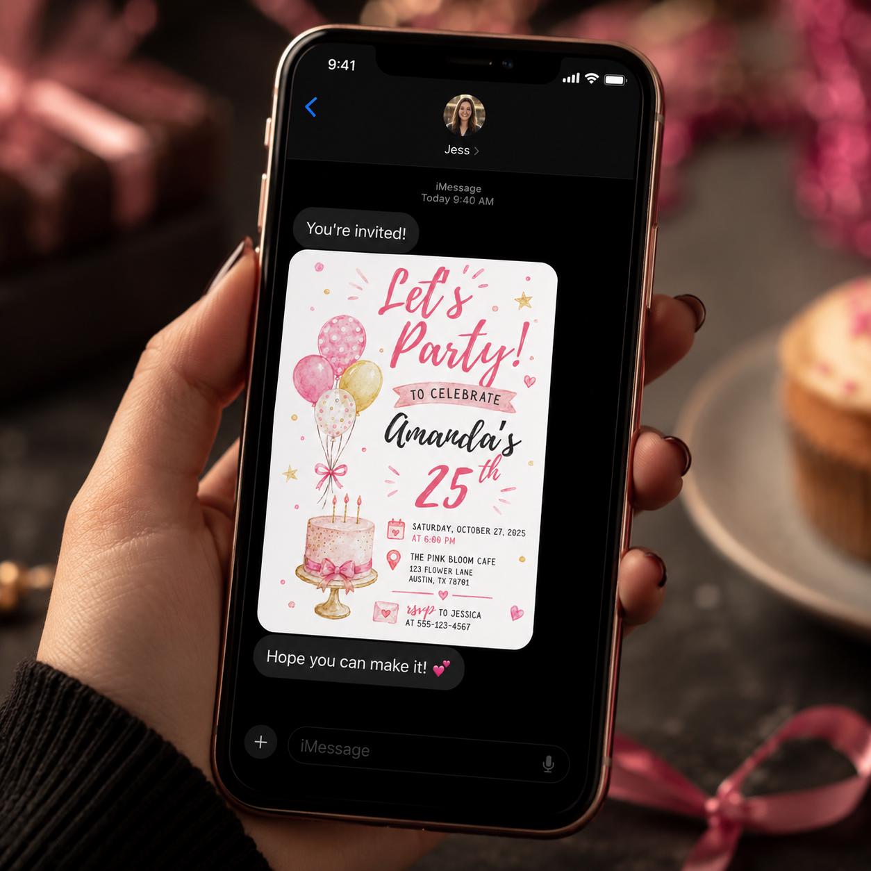 25th Birthday Invitation for Her, Pink Balloon and Cake Party Invite, Editable Printable Canva Template - Image 6