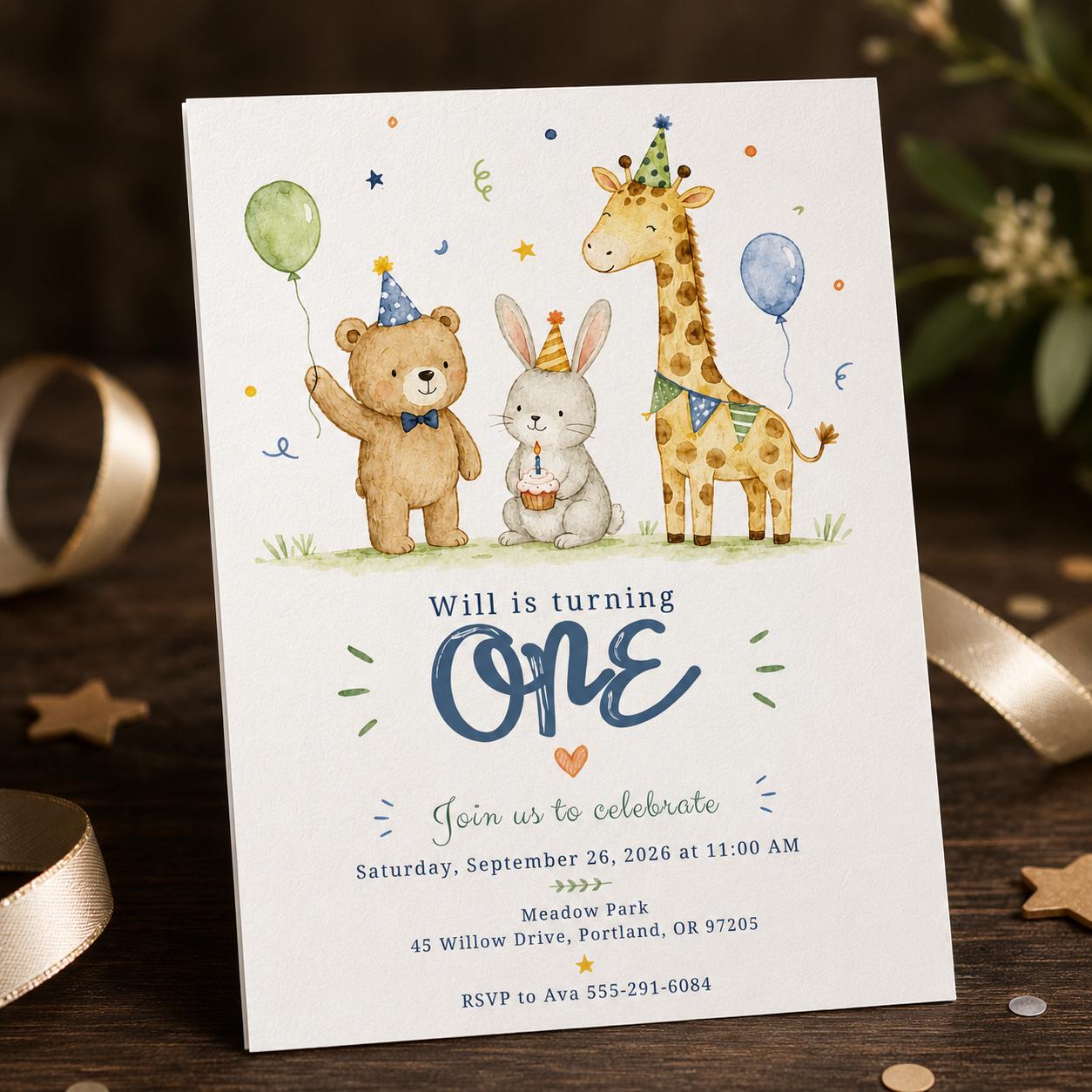Safari First Birthday Invitation, Party Animals Zoo Invite, Watercolor Boy or Girl Editable Printable Canva Template - Image 3