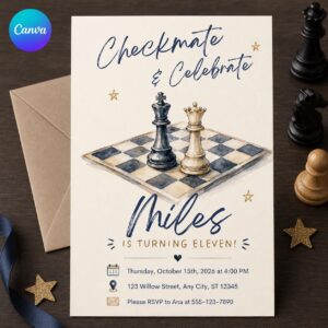 Chess Birthday Invitation, Checkmate and Celebrate Party Invite, Watercolor 11th Birthday, Editable Printable Canva Template