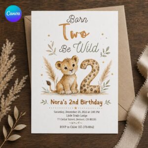 Born Two Be Wild Birthday Invitation, Lion Safari 2nd Birthday Party Invite, Watercolor Editable Printable Canva Template