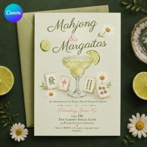 Mahjong and Margaritas Invitation, Mahj Girls Night Party Invite, Watercolor Game Night, Editable Printable Canva Template