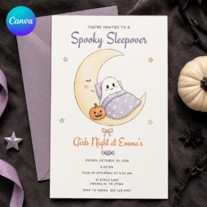 Halloween Sleepover Invitation, Spooky Girls Night Pajama Party Invite, Cute Ghost Printable Editable Canva Template