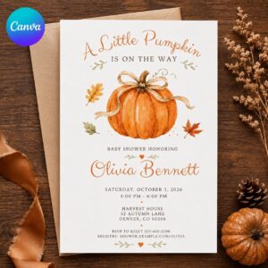 Little Pumpkin Baby Shower Invitation, Fall Autumn Gender Neutral Invite, Watercolor Printable Editable Canva Template