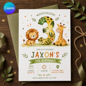 Safari 3rd Birthday Invitation, Jungle Animal Party Invite for Boys, Watercolor Zoo Printable Editable Canva Template