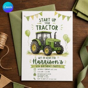 Tractor Birthday Invitation, Green Farm Party Invite for Boys, Watercolor Barnyard Printable Editable Canva Template